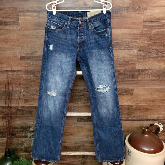 Hollister Jeans 30x32 Button Fly Straight Ripped Medium Light Wash Cotton Denim - Picture 1 of 11
